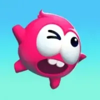 Om Nom, the cute protagonist, leaps high above a stack of colorful blocks, escaping the jaws of hungry sharks in the Omnom Jump game.