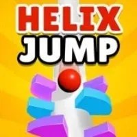 A vibrant screenshot of Helix Jump featuring a bouncing ball navigating a colorful, spiraling helix tower.