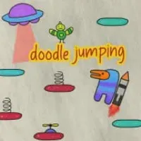 A vibrant screenshot of Doodle Jumping showcasing the Doodler character soaring through the air with a rocket boost, highlighting the game's engaging gameplay.