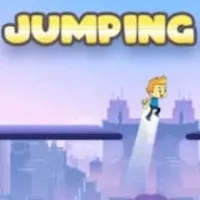 A pixelated jumping man leaps between platforms in an arcade-style game.
