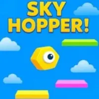 A vibrant screenshot of the Sky Hopper game, featuring a character bouncing on platforms in the sky.