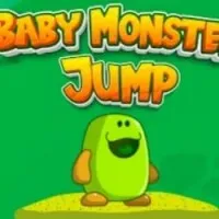 A cute baby monster enthusiastically jumping in a vibrant game scene.