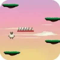 A cute sheep jumping over a hurdle in the Jump Sheep game, with bright green grass and scattered coins.