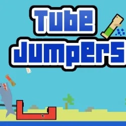 Tube Jumpers game featuring pixelated characters on surfboards navigating chaotic waves.